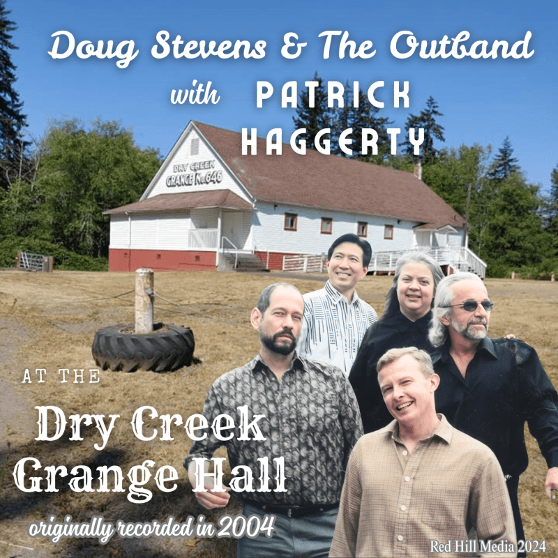 4 band members, 3 men and 1 woman, standing in front of the Dry Creek Grange Hall